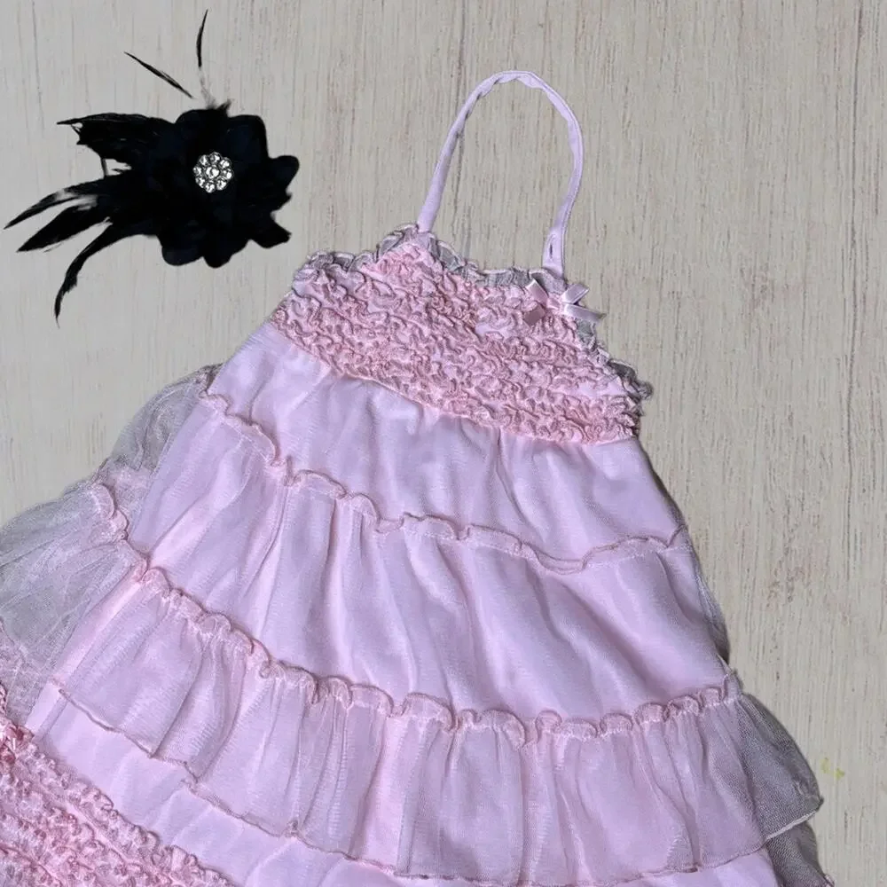 Kate Mack costume ruffled dress with black lace leggings & feather headpiece